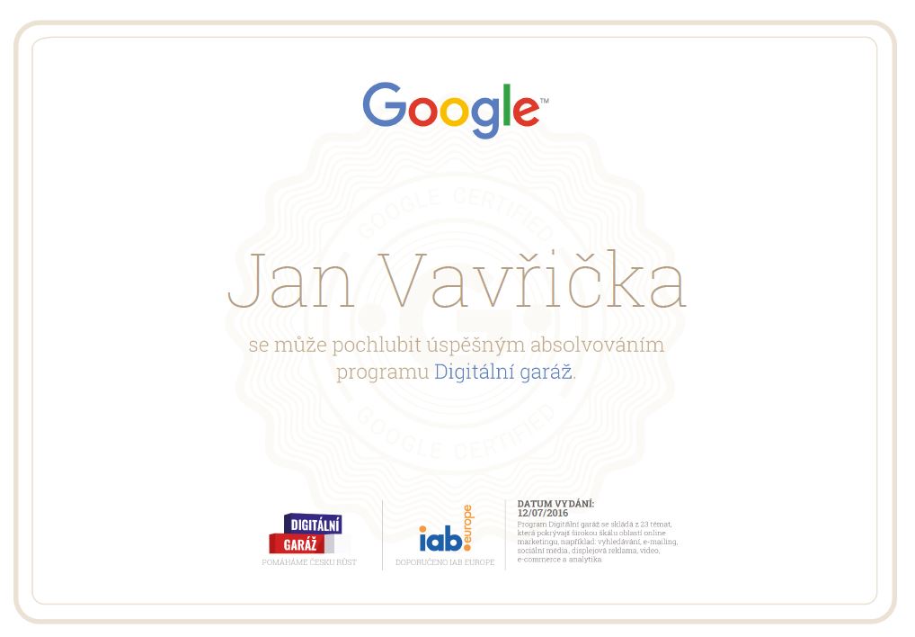 Jan Vavřička získal Google Digital Garage Certification
